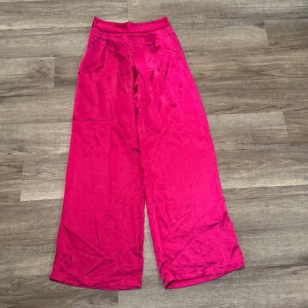 NWT DREW Berry Satin Wide Leg Pleated Trousers High Waist Berry Pink XS